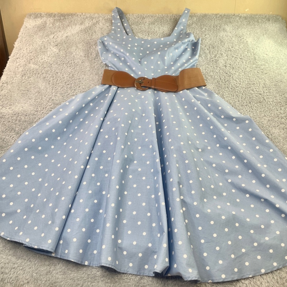 Bailey Blue Swing Dress Womens XL Blue Polka Dot 1950s Style Belted Sleeveless